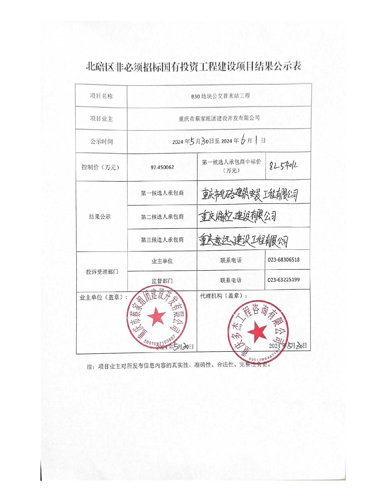 北碚区非必须招标国有投资工程建设项目结果公示表